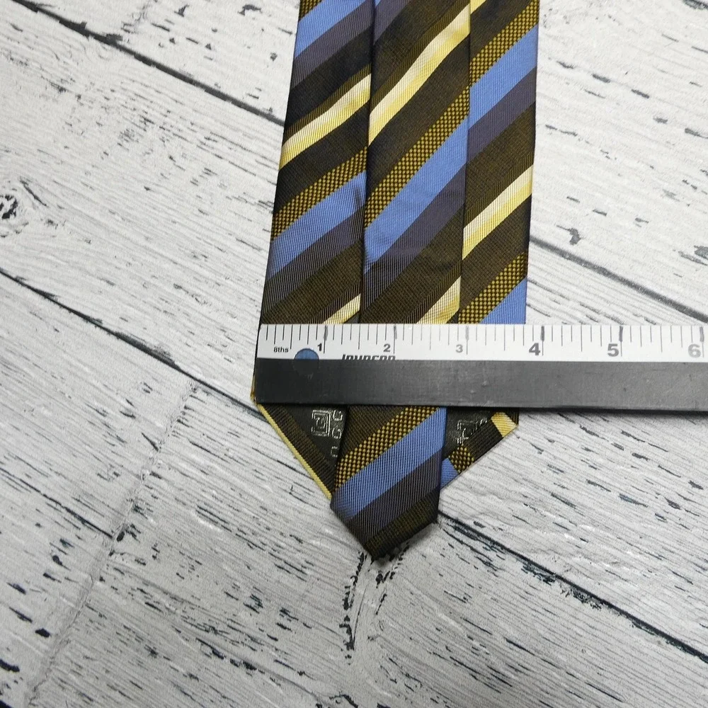 Foggia Tie Mens One Size Brown Blue Yellow Striped 100% Silk Handmade Woven